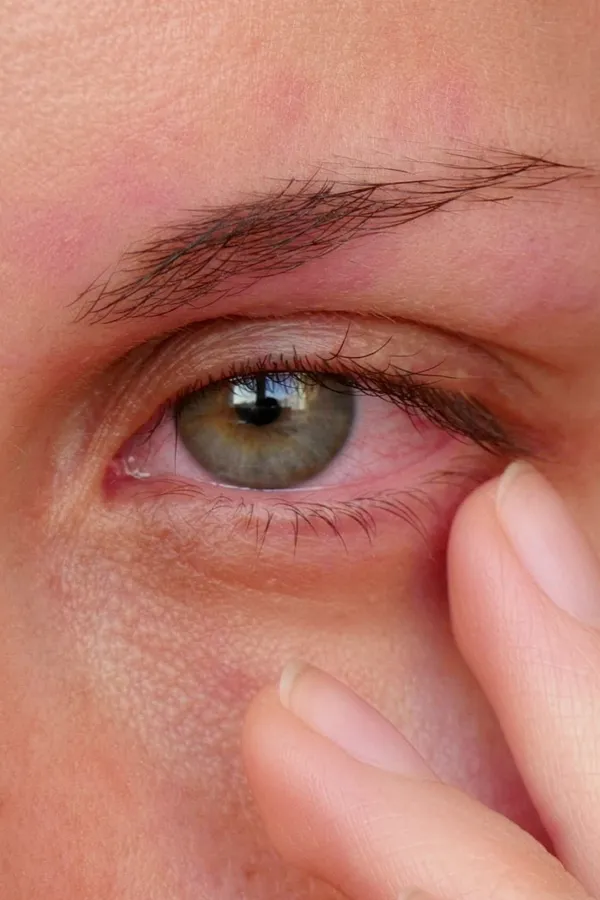Allergic-Conjunctivitis-Treatment Close-up of a woman touching the edge of her eye which is red due to allergy irritation. Get treatment for allergic conjunctivitis from Guerda Johnson, FNP-C in Tyler East Texas Area.