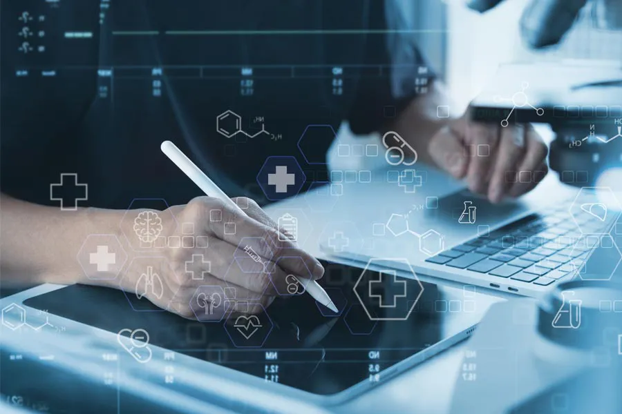 Health-Conditions-Treated-Doctor Close-up of a medical professional using a laptop and tablet, with illustrated medical symbols overlayed on the image, symbolizing health conditions treated by Guerda Johnson, FNP-C in Tyler East Texas Area.