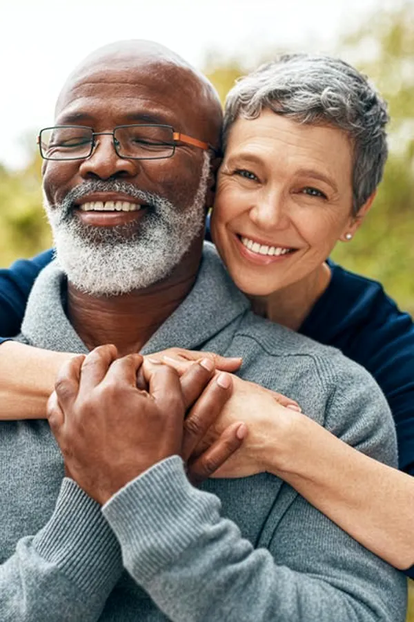 Hormonal-and-Vitality-Peptides-Treatment A middle-aged black man and white woman embrace outside. Get Hormonal and Vitality Peptide Treatment from Guerda Johnson, FNP-C in Tyler East Texas Area.
