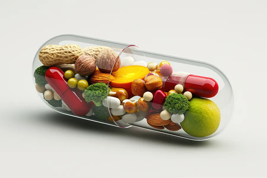 Vitamin-Evaluation-Clinic 3D illustration of a capsule filled with nutritious foods. Schedule a vitamin evalution from Guerda Johnson, FNP-C in Tyler East Texas Area.